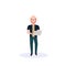 Redhead man using laptop standing pose isolated bald head faceless silhouette male cartoon character full length flat
