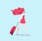 Redhead pretty traveler girl in red dress walking with red travel roller bag. Vector illustration