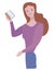 Redhead vector cartoon positive cute smiling girl in a purple with a book isolated object on a white background