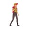 Redhead Woman as Park Ranger in Khaki Cap Walking Carrying Backpack Protecting and Preserving National Parkland Vector