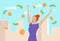 Redhead woman in blue dress excitedly catches falling money bills, coins in city. Financial success and happiness vector