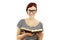 Redhead woman with glasses reading a book