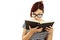 Redhead woman with glasses reading a book