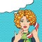 Redhead woman on phone pop art comic vector illustration, surprised woman with speech bubble for your message