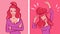 Redhead woman with ponytail feels calm and then very happy, vector illustrations