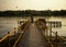 Redhead woman running on a wooden dock above Danube river. Forest and birds on background.