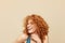Redhead Woman. Smiling Girl Close Up Portrait. Beautiful Female With Curly Red Hair Touching Neck.