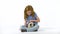 Redheaded little girl with curly hair is stroking fluffy Sheltie guinea pig at white background. Slow motion