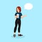 A redheaded  sporty girl in sportswear with a cup of coffee in her hands and talking bubble.