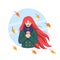 Redheaded Woman with cup of coffee with autumn leaves. Fall vibes. Takeaway coffee concept. Vector illustration