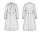 Redingote coat technical fashion illustration with double breasted, fitted, long sleeves, peak lapel collar, knee length