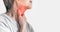 Redness at neck of Asian woman. Concept of sore throat, pharyngitis, laryngitis, thyroiditis, or dysphagia