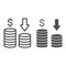 Reduce actual income line and solid icon, Black bookkeeping concept, Cut Income sign on white background, two stacks of