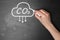 Reduce carbon emissions. Woman drawing cloud with chemical formula CO2 on blackboard, closeup