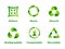 Reduce, reuse, recycle, biodegradable, compostable, recyclable, icon set. Six recycle green gradient signs on white background.