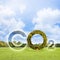 Reduction of the amount of CO2 emissions - concept with CO2 icon text and tree shape in rural scene with  green mowed lawn with