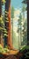 Redwood Forest In Rocky Mountains: Bold Graphic Illustrations Of Detailed Trees And Trail