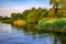 Reed coast of the Konka river in Kherson floodplains Ukraine. Natural panorama of the water surface against the background of a