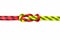 Reef, Hercules, square, double or brother hood Binding knot binding two colored red and green ropes. nautical loop