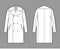 Reefer overcoat technical fashion illustration with double breasted, knee length, tailored button-up collar, epaulettes