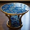 Reefwave-inspired Gold And Blue Accent Table With Symbolic Wood Veneer Mosaics