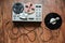 Reel tape recorder with microphone. Retro music. Disco party