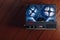 Reel to reel audio tape recorder with blue led light strip. VU meter with