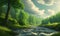 reen forest, the sun behind the clouds, a flowing river, Generative AI, Generative, AI