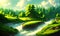 reen forest, the sun behind the clouds, a flowing river, Generative AI, Generative, AI