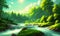 reen forest, the sun behind the clouds, a flowing river, Generative AI, Generative, AI