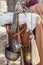 Reenactor roman soldier holds marching pack