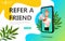 Refer a friend concept. Referral code. Bussines man with megaphone on screen smartphone. Social media concept use for landing page