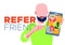 Refer a friend referral program concept. Bearded bald man holding smartphone and shows to his friends people as avatar