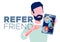 Refer a friend referral program concept. Bearded man manager holding smartphone and shows to his friends people as