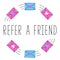 Refer a friend text with blue and pink email or message with heart.