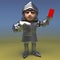Referee medieval knight blows the whistle and hands out a red card, 3d illustration