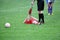 Referee provides assistance injured player