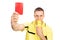 Referee showing red card and blowing huge whistle