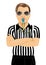 Referee with sunglasses blowing whistle standing with arms folded