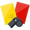 Referee whistle, yellow and red cards for football game isolated on white background.