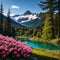 Referring to Glacier lake, high mountains and stunning pink rhododendron flowers...