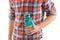 Refillable bottle. Hand hold water bottle or sport drink white background. Bottle in muscular male hand. Sport and water