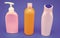 Refillable plastic liquid cosmetic packaging containers HDPE multicolor blue background, bottles