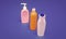 Refillable plastic toiletry packaging containers HDPE multicolor blue background copy space, bottles