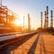 Refinery industrial plant with blue sky and sun flare, abstract industrial background, petrochemical industry-Generative AI