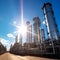 Refinery industrial plant with blue sky and sun flare, abstract industrial background, petrochemical industry-Generative AI