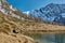 Reflecting mountain lake in front of snowy mountain peaks. Mountain landscape with reflecting lake and snowy mountains. Glacial