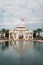 Reflecting pool and gate at the BAPS Shri Swaminarayan Mandir Hindu temple, in Houston, Texas