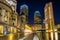 Reflecting pool and skyscrapers at night, seen at Christian Science Plaza in Boston, Massachusetts.