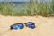 Reflecting sunglasses on sandy beach